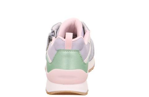 Rückansicht des SUPERFIT Halbschuh DASH 9562-100 in Pastellhellblau, Mintgrün und Rosa mit pinker Zugschlaufe.