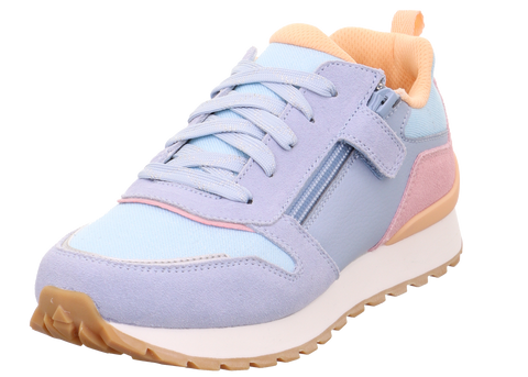 3/4-Ansicht eines SUPERFIT Halbschuh DASH 9562-840 in flieder/hellblau/rosa; beige Gummisohle sichtbar.