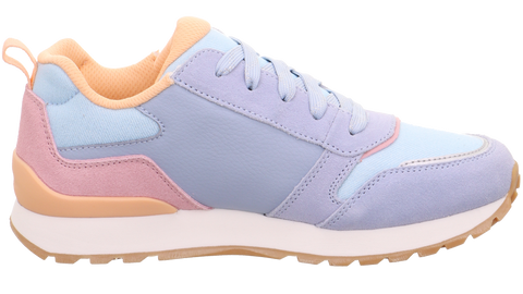 Seitenansicht des SUPERFIT Halbschuh DASH 9562-840 in Flieder, Hellblau und Rosa; beigefarbene Sohle.