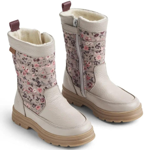 WHEAT TEX Stiefel KOA WF691-02 – Paar hellbeige Boots mit floralem Schaft, seitlicher Reißverschluss, Fellfutter