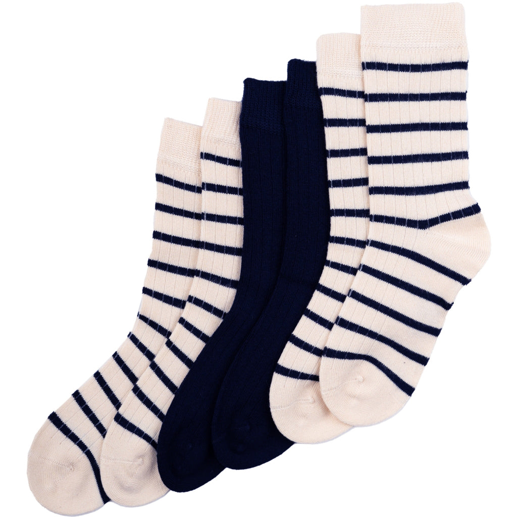 Dreierpack Bambussocken in Navy, Creme und gestreiftem Design, nachhaltige und bequeme Socken für Damen und Herren