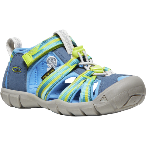 Alt text: KEEN Halbsandale SEACAMP II CNX in indigo, blue, turquoise, and lime colors, featuring a durable design perfect for outdoor activities