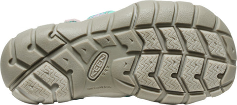 Seitliche Ansicht der KEEN Halbsandale SEACAMP II CNX in türkis und rosa, die den Fuß umschließt