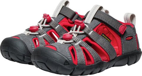 KEEN Halbsandale SEACAMP II CNX - grau / hellgrau / rot: Robuste und bequeme Sandale für Kinder mit grauem, hellgrauem und rotem Design