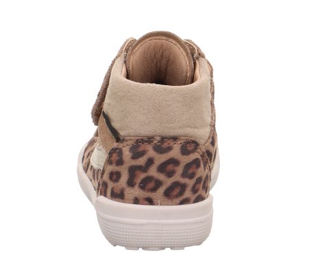Schuh – Rückansicht, Leopardendruck, beiges Obermaterial, weiße Sohle, Modell SUPERFREE 203-301.