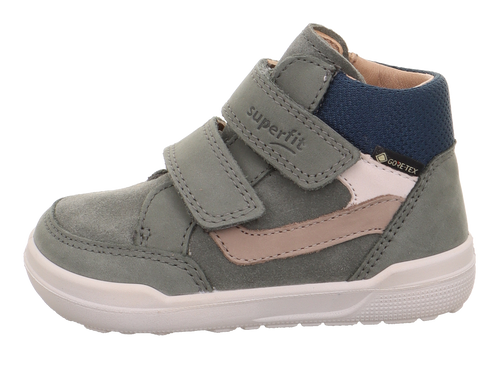 Seitenansicht des Schuhs SUPERFIT GORE-TEX SUPERFREE 203-700 in olive/blau; Klettverschluss, weiße Sohle.