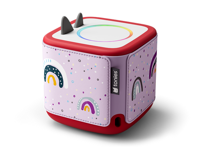 Bunte, liebevoll gestaltete Regenbogen-Designs auf der Toniebox Hülle, ideal für Kinder ab 1 Jahr