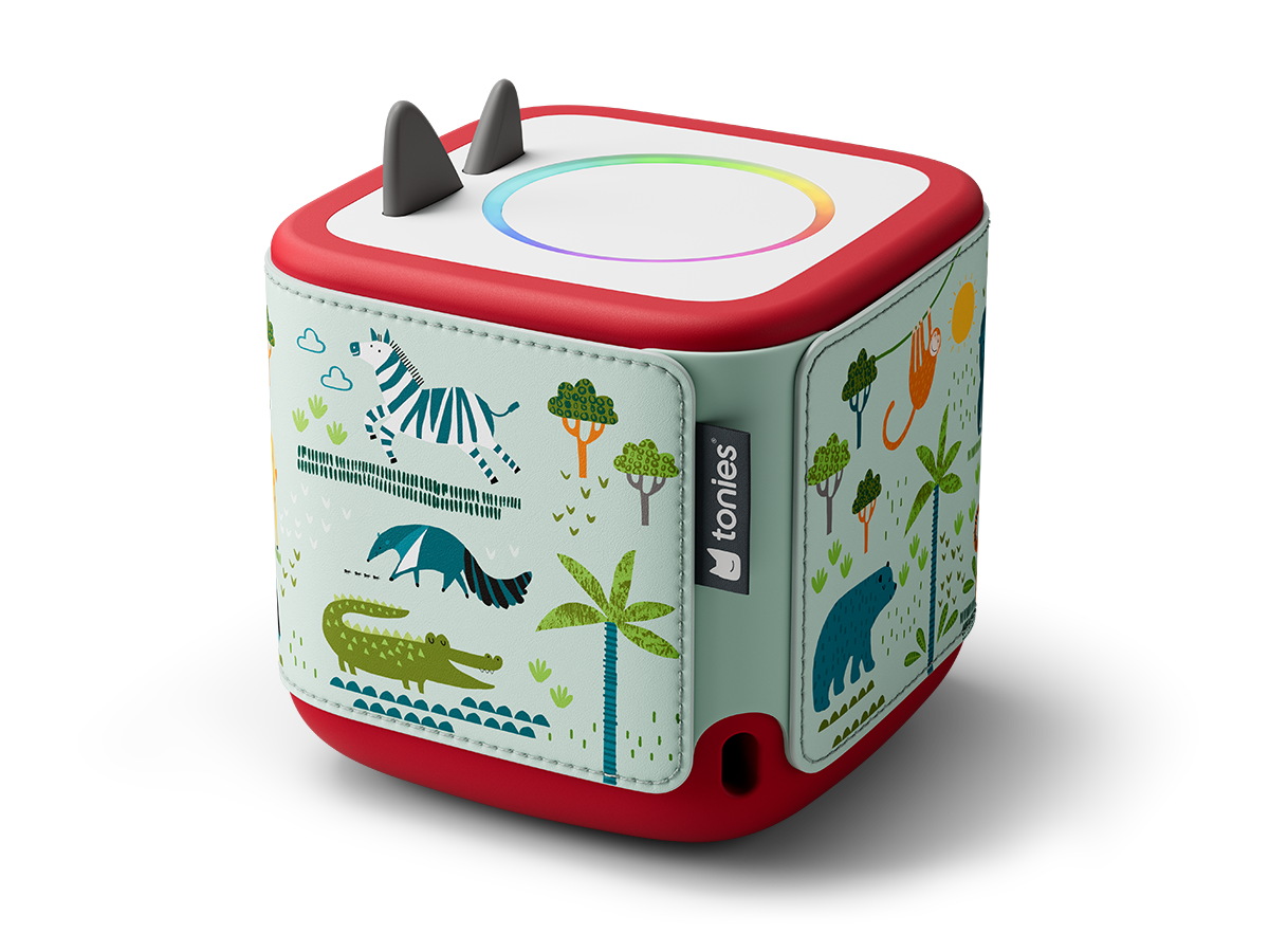 Dschungel Safari Hülle aus veganem Leder und Silikon mit dekorativen Nähten für die Toniebox 2