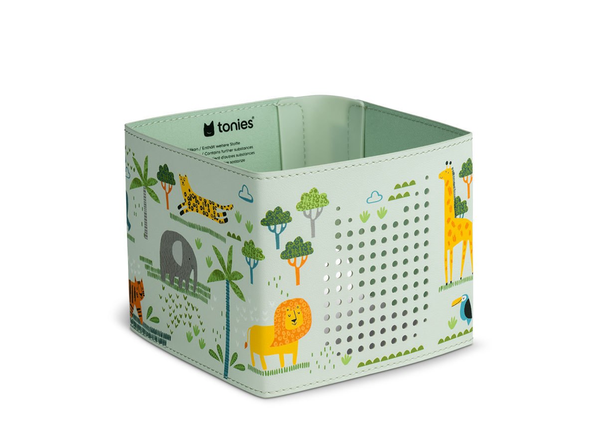 Kinderfreundliche, bunte Gestaltung der Toniebox Hülle mit hochwertigen Druckmotiven im Dschungel Safari Design