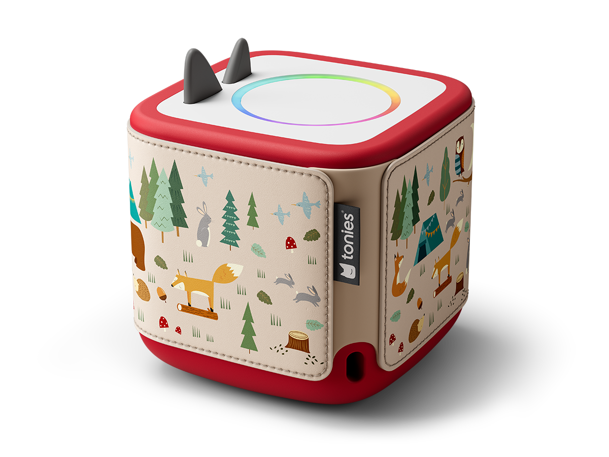 Hülle aus veganem Leder und Silikon, passend für die Toniebox 2, mit präzise positionierten Lautsprecheröffnungen für klaren Klang