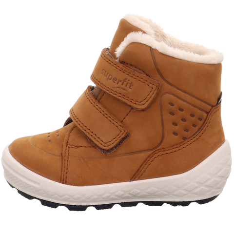 Brown leather waterproof ankle boot with lace-up closure and durable rubber sole