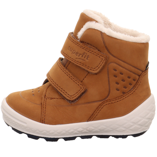 Brown leather waterproof ankle boot with lace-up closure and durable rubber sole