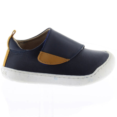ACEBO'S Barfuß Halbschuh 1376 VE - navy / zimt children's shoe in navy and cinnamon colors, side view with soft leather material and comfortable design