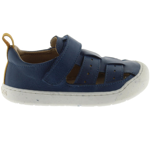 A close-up image of ACEBO'S Barfuß Halbsandale 1377VE in navy and curry color with comfortable straps and durable sole for summer outdoor activities