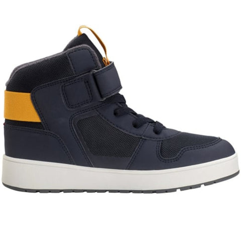 Nahaufnahme des wasserdichten Obermaterials aus Funktionstextil und Glattleder des VIKING TOASTY PULL-ON GTX Winterstiefels in Navy