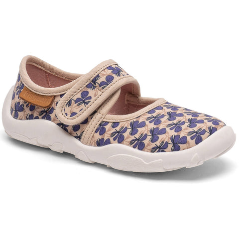 Bequemer Damen Hausschuh in lila-beige mit rutschfester Sohle und Klettverschluss