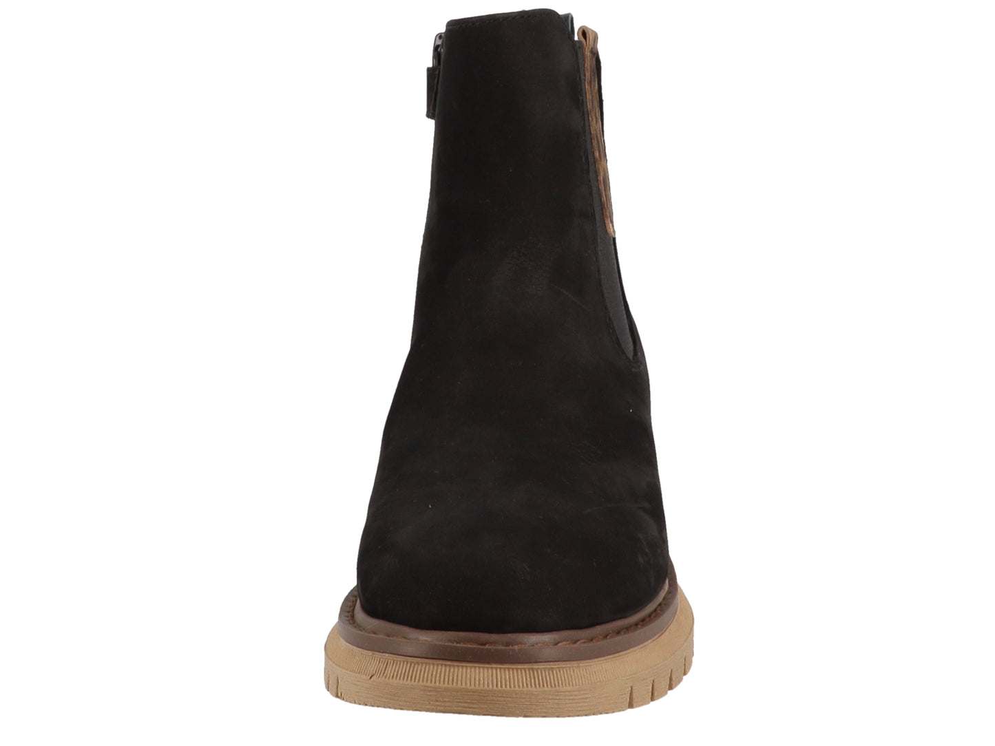 Detaillierte Ansicht der schwarzen ELENA Stiefelette von LURCHI TEX mit Leopardenmuster, strapazierfähiges Material