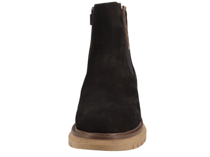 Detaillierte Ansicht der schwarzen ELENA Stiefelette von LURCHI TEX mit Leopardenmuster, strapazierfähiges Material