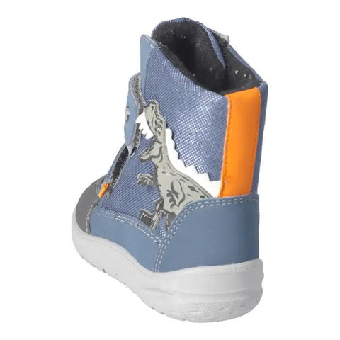 Seitenansicht Ricosta SYMPA-TEX Barfuß BLINKER Stiefel NEVIS, jeansblau, weiße Sohle, Dino-Applikation.
