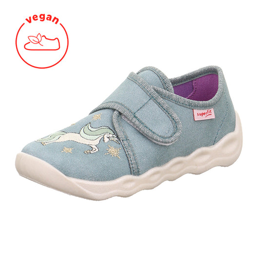A pastel green SUPERFIT Hausschuh BUBBLE 6270-752 featuring a unicorn and glitter design