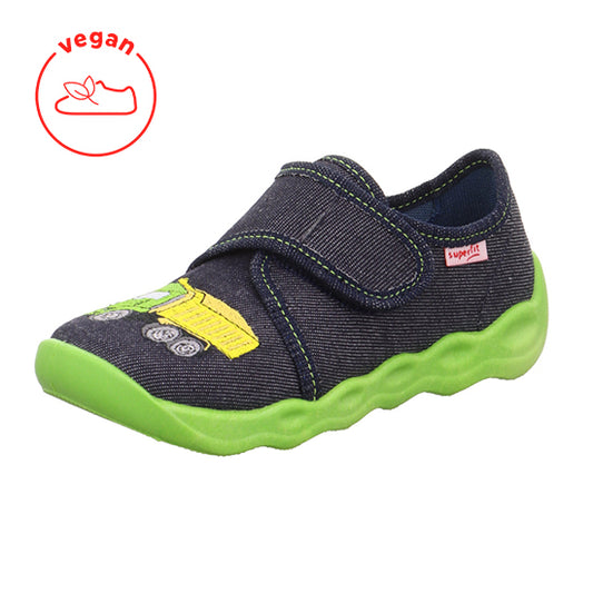 Comfortable SUPERFIT Hausschuh BUBBLE 6274-803 in trendy jeans and green colors with a playful, truck design