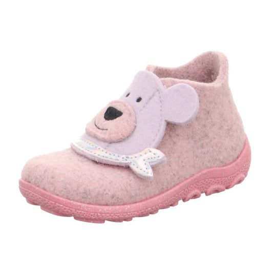 Comfortable and stylish SUPERFIT Hausschuh HAPPY 6295-55 in pink and grey with adorable bear design