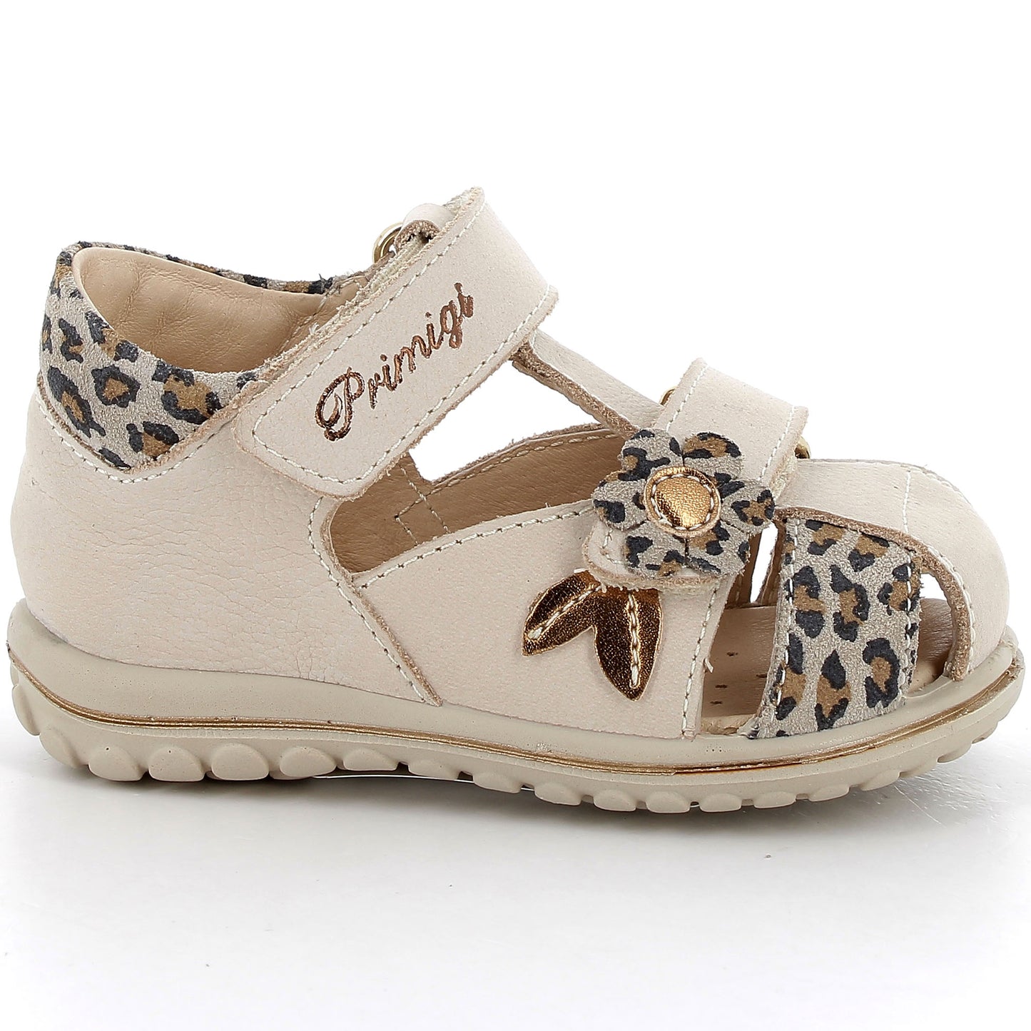 PRIMIGI Halbsandale BABY SWEET 58626-33 - beige / gold - front view with adjustable straps and comfortable sole 