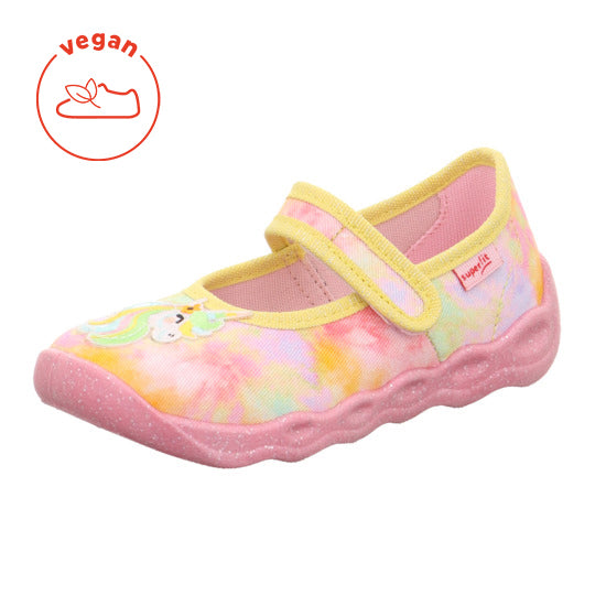 Adorable pink and yellow SUPERFIT Hausschuh BUBBLE 6271-60 with a cute unicorn design