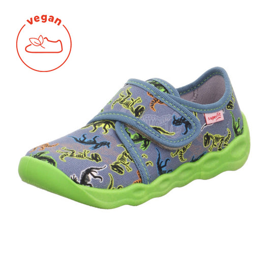 Colorful SUPERFIT Hausschuh BUBBLE 6273-803 in jeans and green with playful dinosaur design