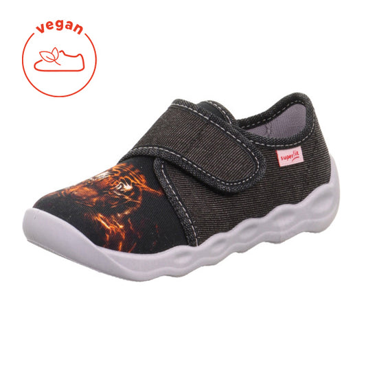 Alt text: Black and tiger print SUPERFIT Hausschuh BUBBLE 6274-001, a comfortable and stylish slipper for indoor wear