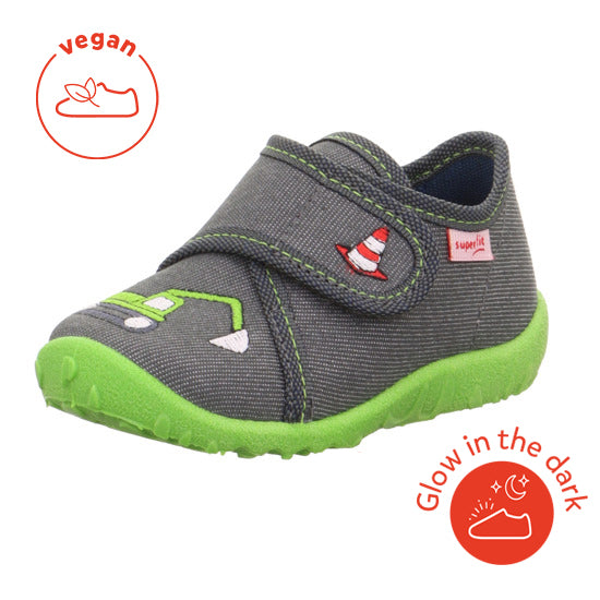 Comfortable and durable SUPERFIT Hausschuh SPOTTY 9254-207 in grey and green with a fun digger design