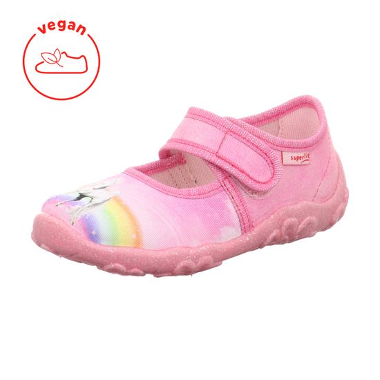 Kinderhausschuh von Superfit in Rosa mit buntem Regenbogenmuster
