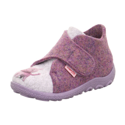 Comfortable and cozy lila and gray cat-themed slippers from SUPERFIT