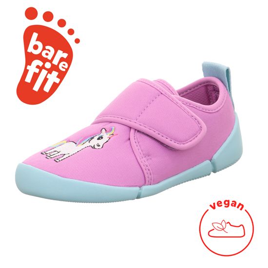 Weicher SUPERFIT Hausschuh VENTI 6700-85 in hellrosa Farbe mit einem charmanten Einhorn-Aufdruck, geeignet für drinnen
