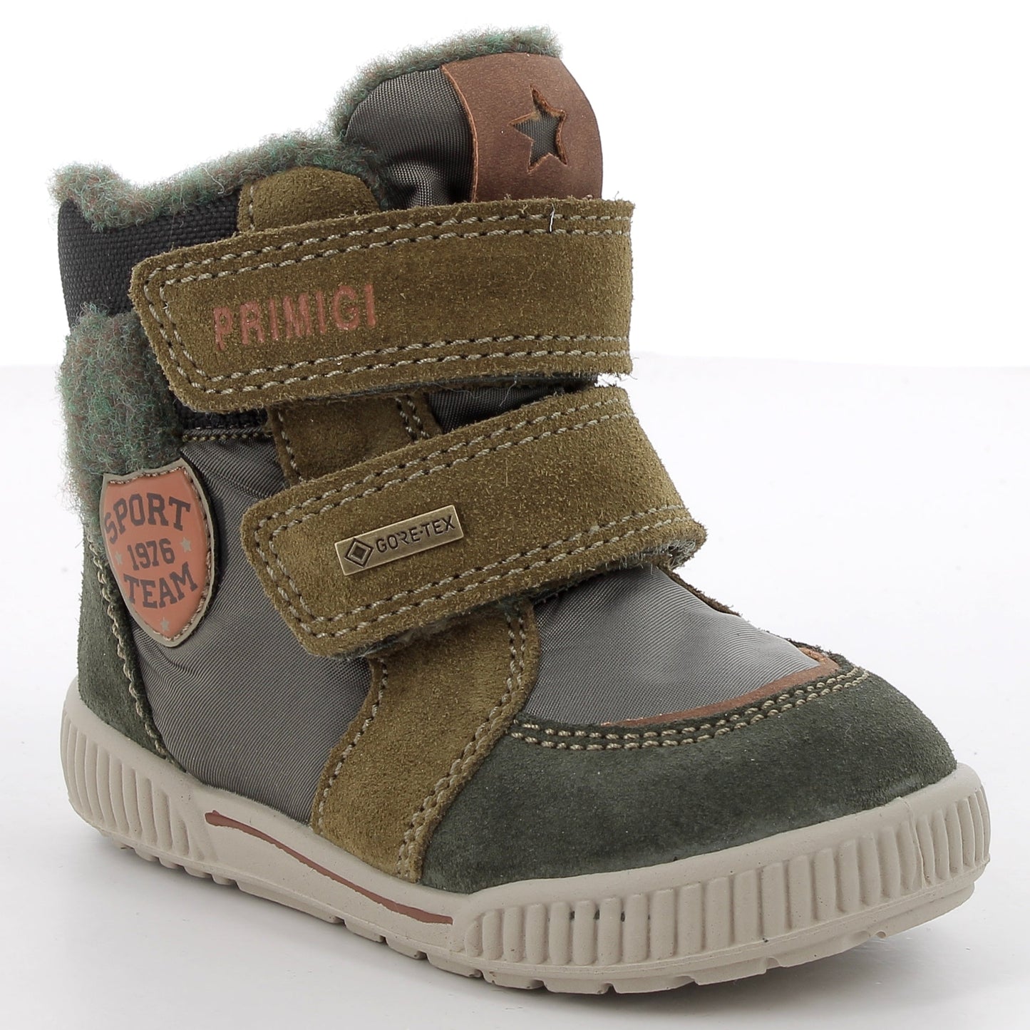 Detailaufnahme des langlebigen Knöchelschuhs PRIMIGI RIDE 88614-00 in oliv, tanne und braun mit atmungsaktiven GORE-TEX-Material