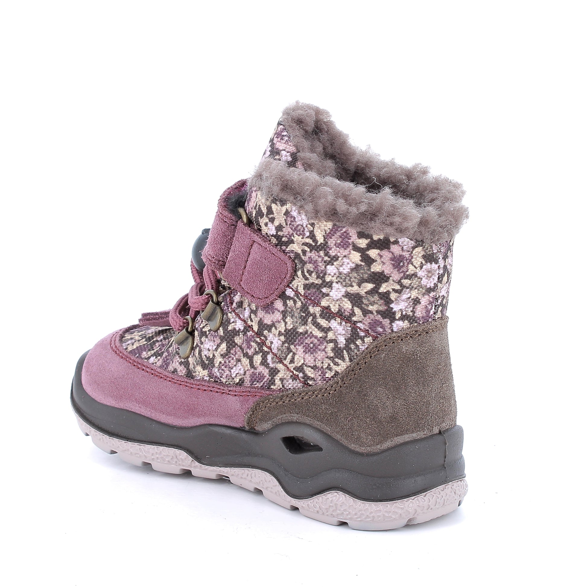 Robuster Knöchelschuh für Kinder, langlebig mit GORE-TEX-Membran, in malve, braun und Blümchen-Design