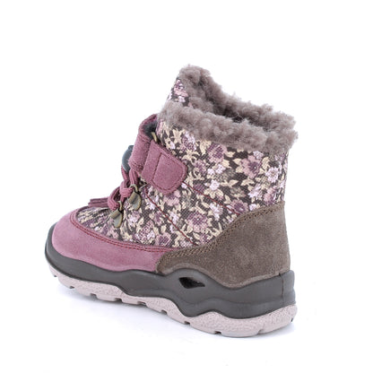 Robuster Knöchelschuh für Kinder, langlebig mit GORE-TEX-Membran, in malve, braun und Blümchen-Design