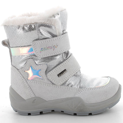 Primigi GORE-TEX WINGER Stiefel in Grau mit Silberdetails und Sternmotiv, wasserdichte und atmungsaktive Kinderschuhe