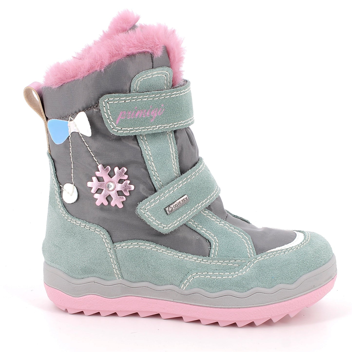 Bunte Primigi GORE-TEX Winterschuhe für Kinder in mintfarben, rosa und mit Schneeflocken-Motiv