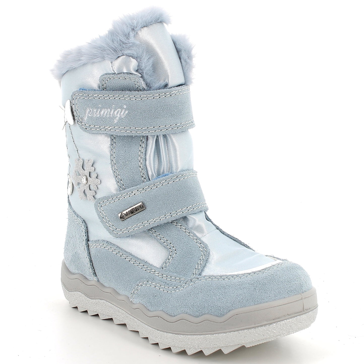 Robuste GORE-TEX Stiefel von PRIMIGI in eisblauer Farbe mit Schneeflocken-Design