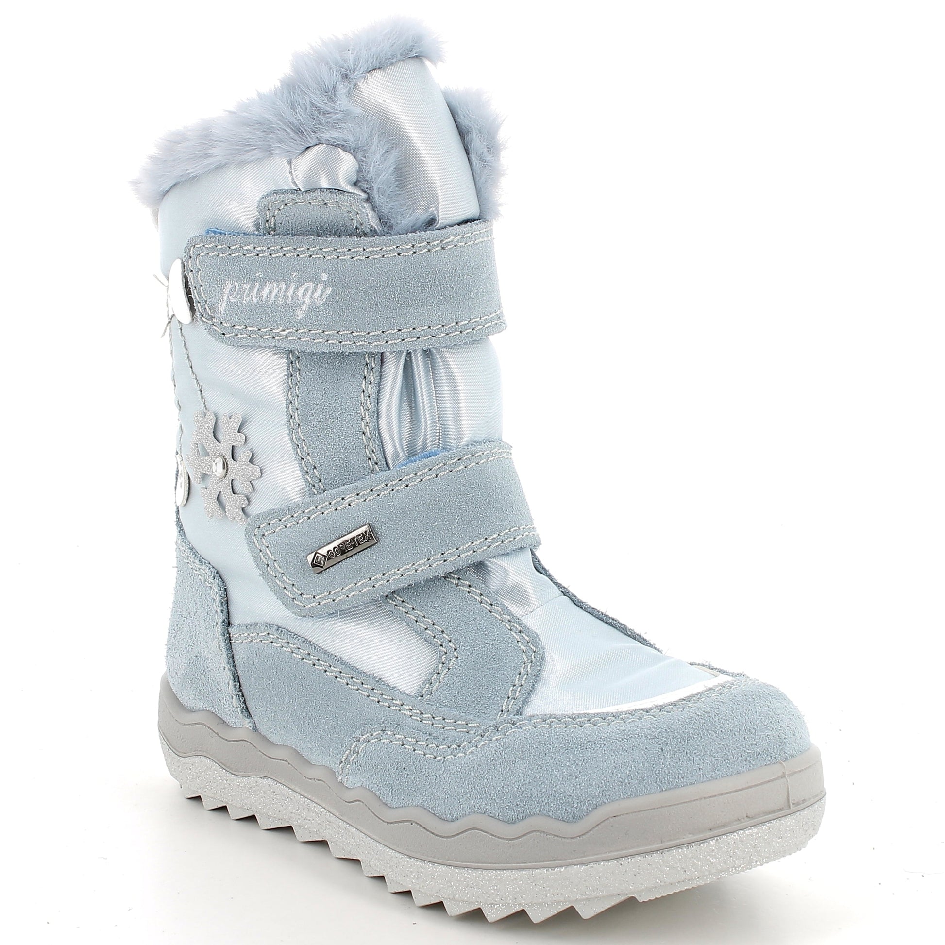 Robuste GORE-TEX Stiefel von PRIMIGI in eisblauer Farbe mit Schneeflocken-Design