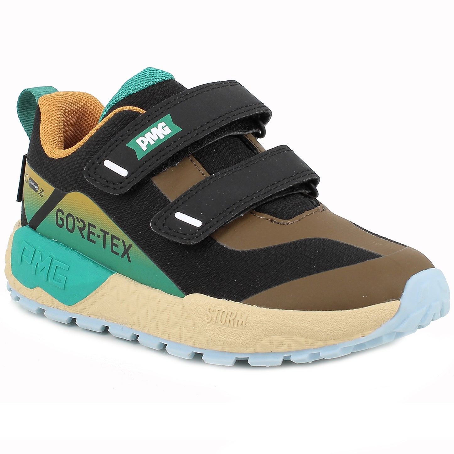 Robuster PRIMIGI Halbschuh mit GORE-TEX-Membran, schwarz, grün und braun, perfekt für wetterfeste Spaziergänge im Freien