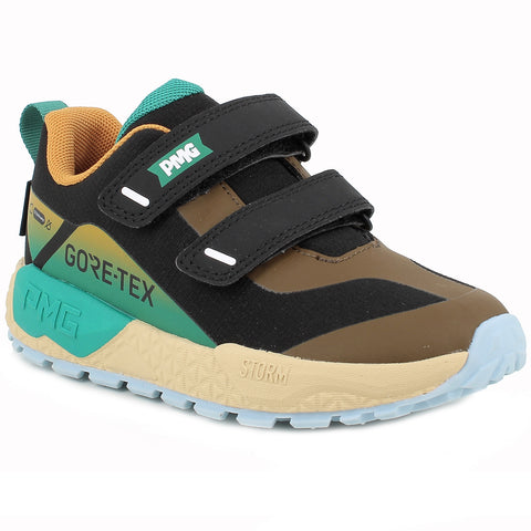 Robuster PRIMIGI Halbschuh mit GORE-TEX-Membran, schwarz, grün und braun, perfekt für wetterfeste Spaziergänge im Freien