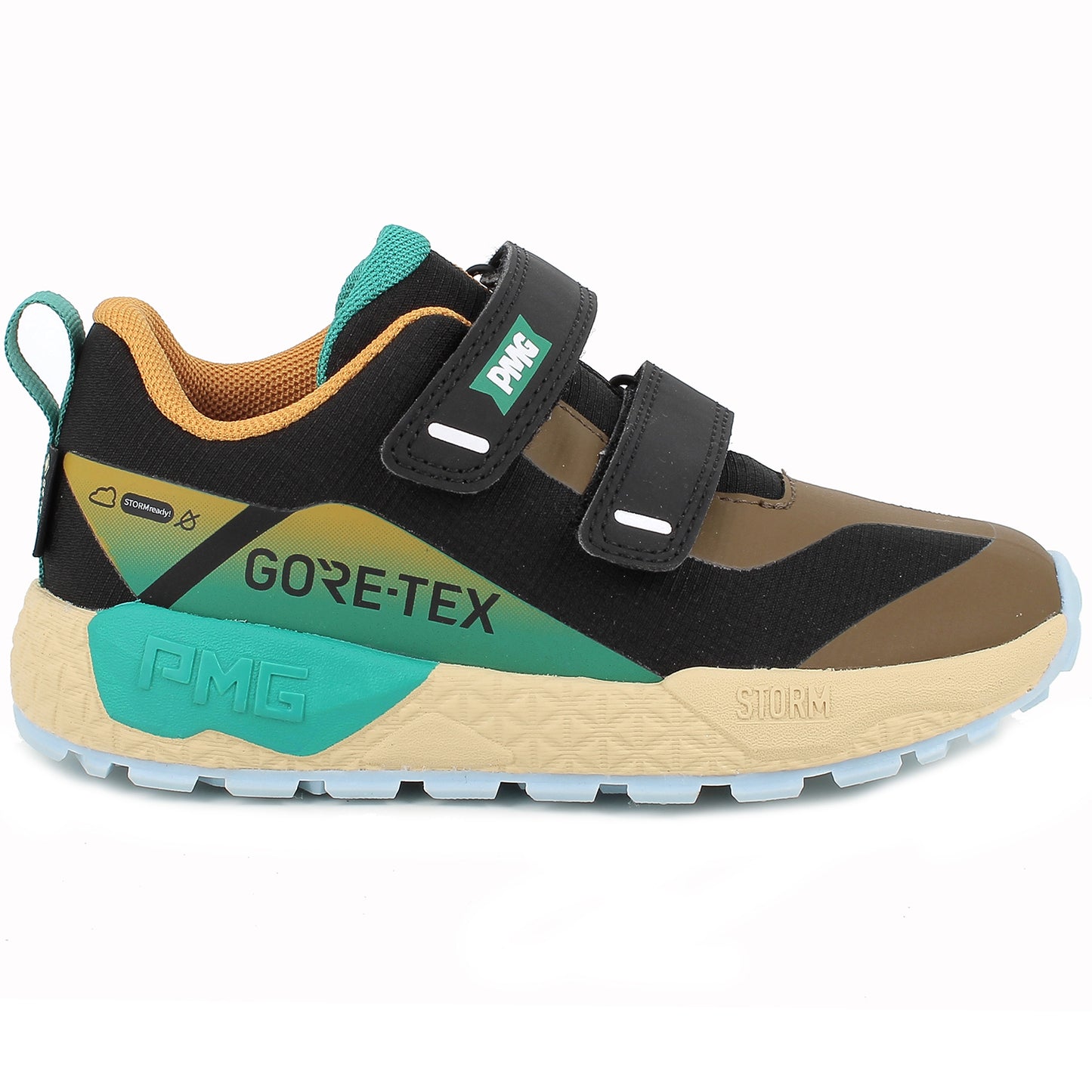 PRIMIGI GORE-TEX Halbschuh STORM 89167-33 in schwarz mit grünen und braunen Akzenten, wasserdichte und atmungsaktive Outdoor-Schuhe für Kinder