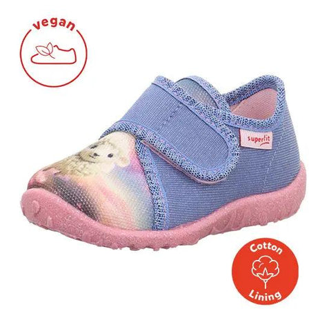 SUPERFIT Hausschuh SPOTTY 9254-844 in jeansblau, Klettverschluss, rosa Sohle; Schäfchen-Print, vegan-Symbol sichtbar