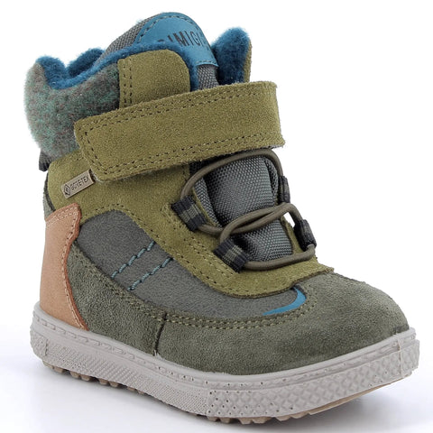 Seitenansicht des PRIMIGI Knöchelschuh Barth 23528-11 in grau/olive mit Klettverschluss und blauer Innenkante.