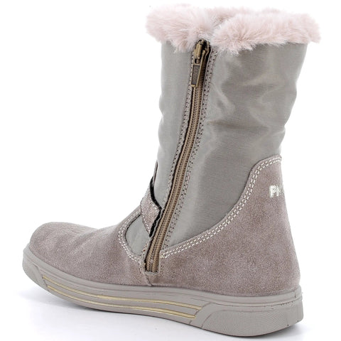 Seitenansicht des PRIMIGI GORE-TEX Stiefel HULA 23683-33 in beige/gold, mit seitlichem Reißverschluss und flauschigem Fellrand.