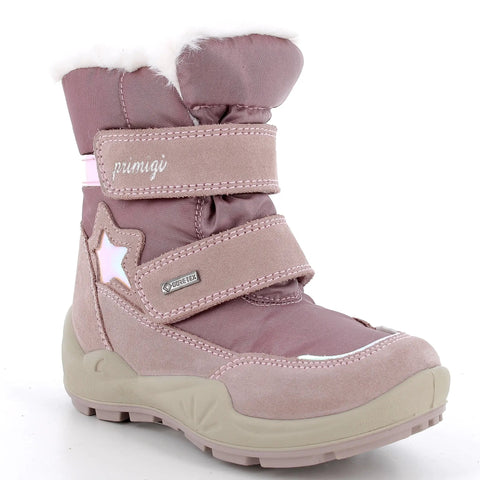 Seitenansicht eines PRIMIGI GORE-TEX Stiefel WINGER in Altrosa; Klettverschluss, weiße Fellkante, beigefarbene Sohle.