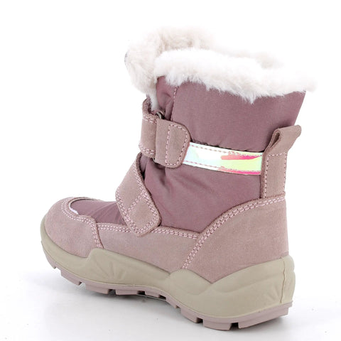 PRIMIGI Stiefel, Seitenansicht: altrosa Boot mit weißem Fellfutter und robuster Gummisohle.