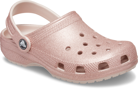  Close-up of CROCS CLASSIC GLITTER CLOG 206993-6WV in rosé color with glitter detail 